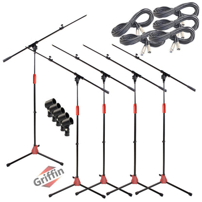 GRIFFIN Microphone Stand (Pack of 5) with XLR Cables & Mic Clip - Telescoping Boom Arm Tripod Legs for Studio Recording Accessories, Singing Vocal
