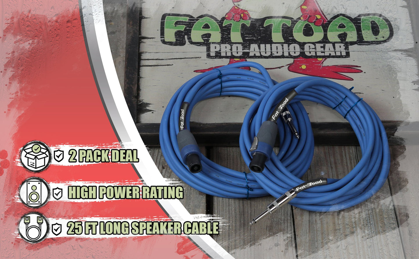 Speakon to 1/4" Male Cables (2 Pack) by FAT TOAD - 25 ft Professional Pro Audio Blue DJ Speaker PA