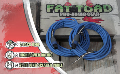 Speakon to 1/4" Male Cables (2 Pack) by FAT TOAD - 25 ft Professional Pro Audio Blue DJ Speaker PA
