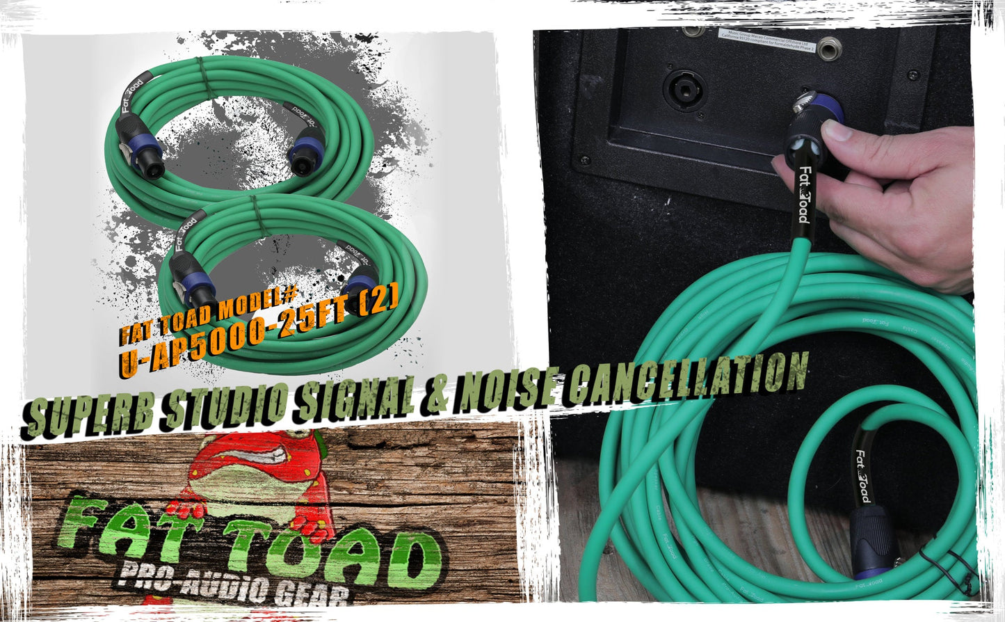 Speakon to Speakon Cables (2 Pack) by FAT TOAD - 25ft Professional DJ Pro Audio Green Speaker PA Cord w/ Twist Lock Connector - 12 AWG Wire for Studio