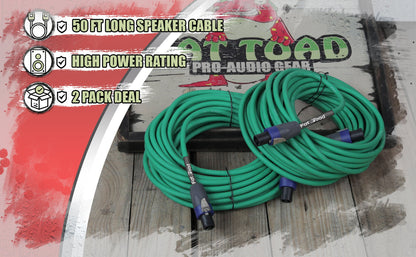 Speakon to Speakon Cables (2 Pack) by FAT TOAD - 50ft Professional Pro Audio Green Speaker PA Cord with Twist Lock Connector - 12 AWG Wire for Studio