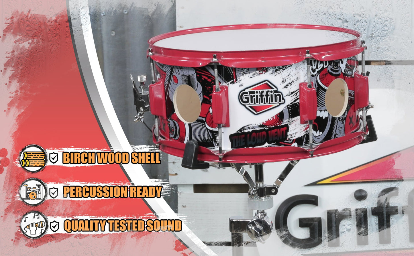 GRIFFIN Snare Drum Birch Wood Shell 14 X 6.5 Inch - Oversize 2.5" Large Vents & Custom Graphic Wrap