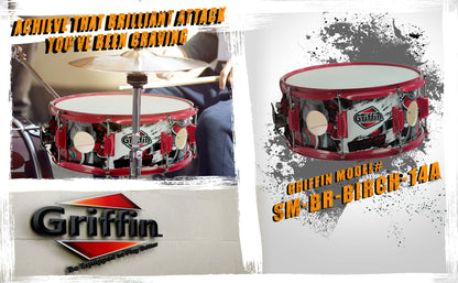 GRIFFIN Snare Drum Birch Wood Shell 14 X 6.5 Inch - Oversize 2.5" Large Vents & Custom Graphic Wrap