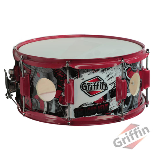 GRIFFIN Snare Drum Birch Wood Shell 14 X 6.5 Inch - Oversize 2.5" Large Vents & Custom Graphic Wrap (Limited Edition) - Red Hardware, 8 Tuning Lugs