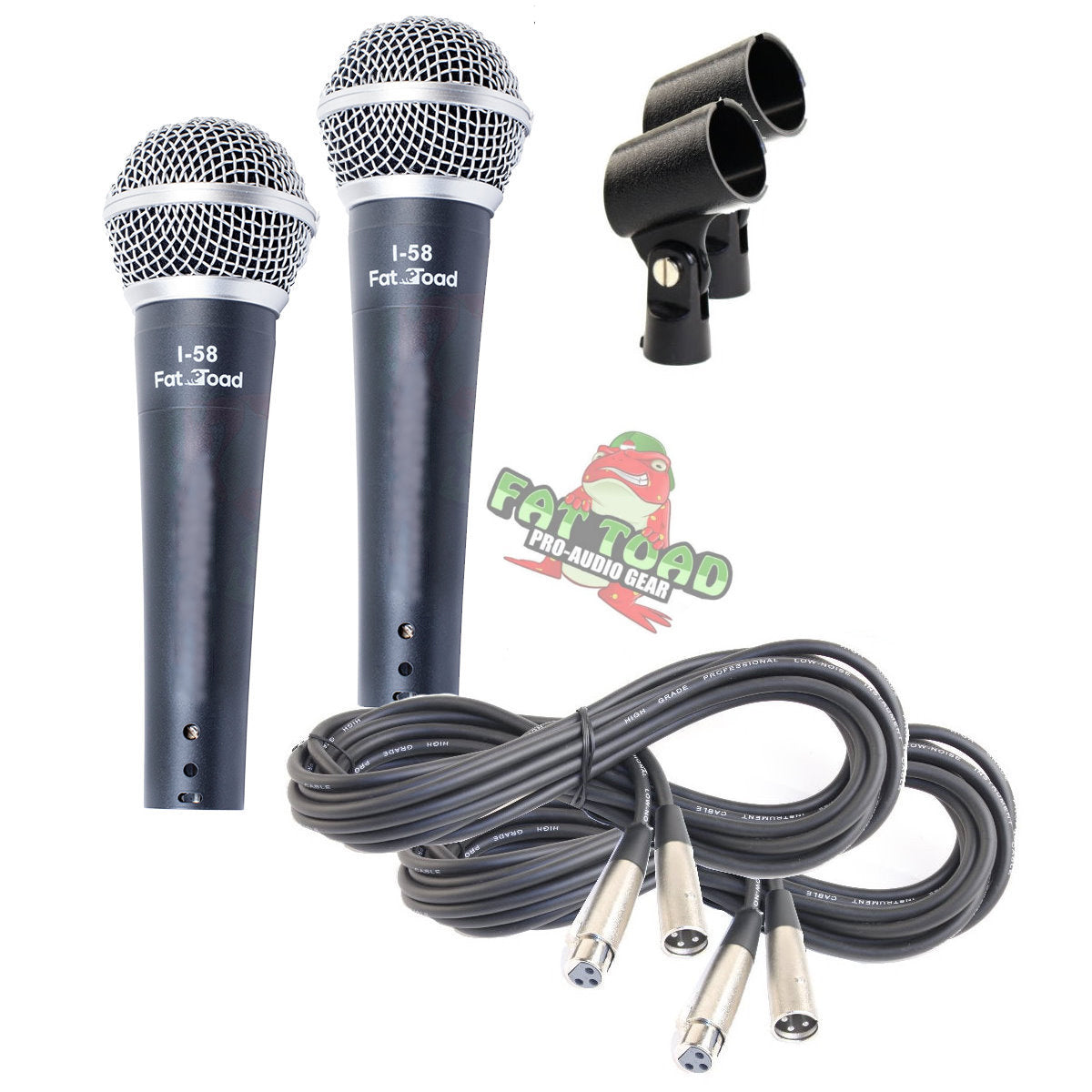 Vocal Microphones with XLR Mic Cables & Clips (2 Pack) FAT TOAD - Cardioid Dynamic Handheld for Home Studio Recording Package, Live Stage DJ Singing
