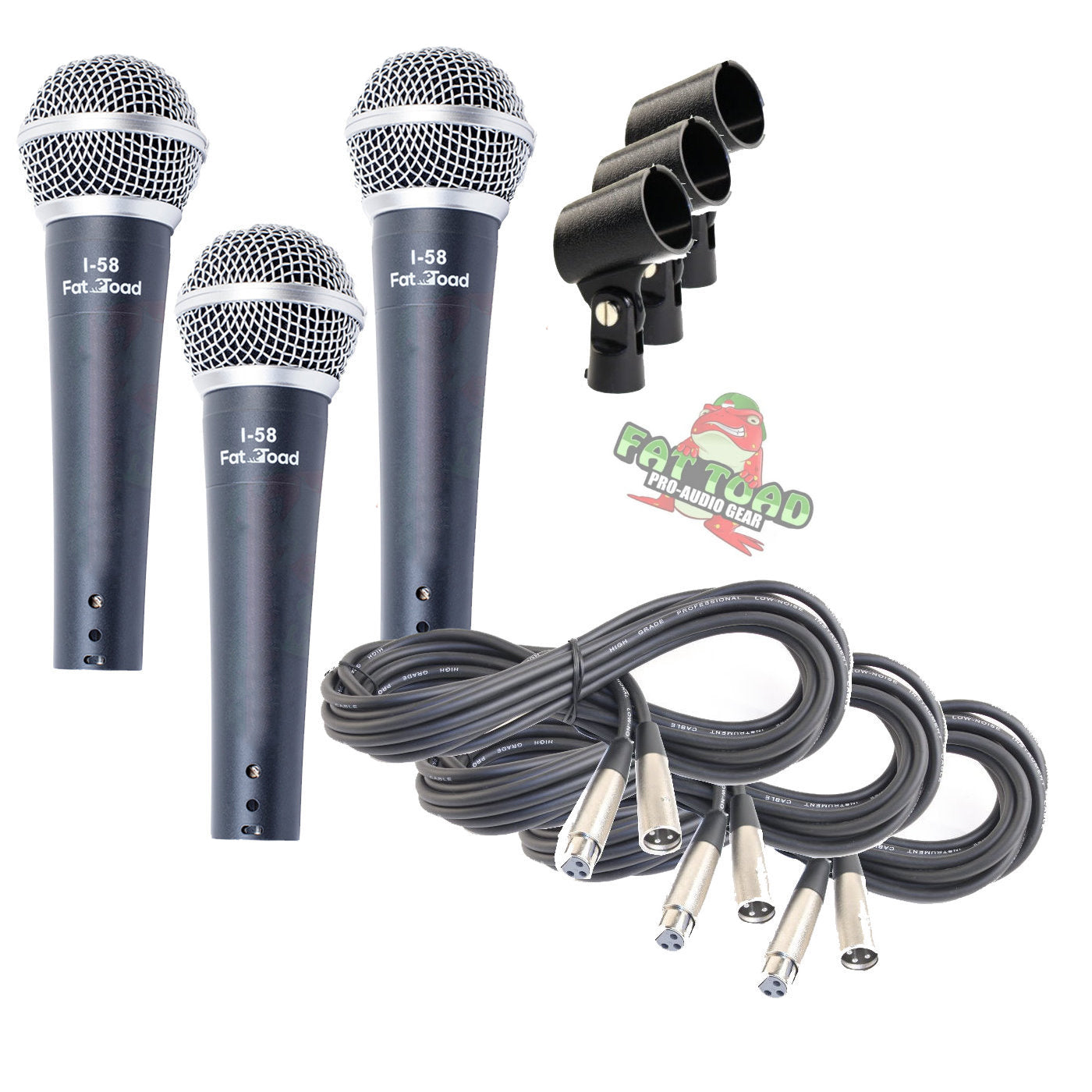 Dynamic Vocal Microphones with XLR Mic Cables & Clips (3 Pack) by FAT TOAD - Cardioid Handheld, Unidirectional for Home Music Live Studio Recording