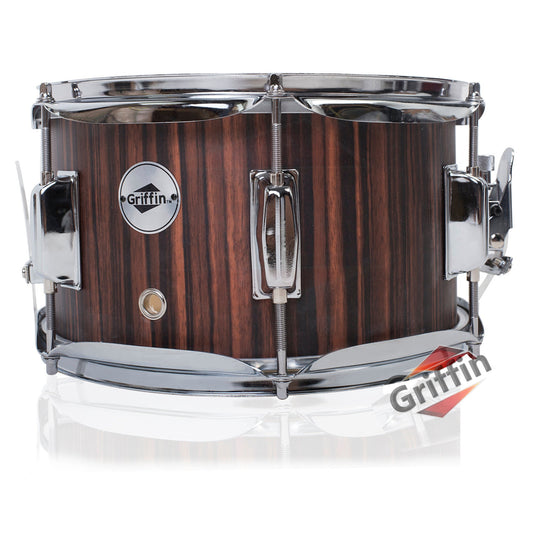 GRIFFIN Firecracker Snare Drum - Acoustic Popcorn 10" x 6" Poplar Mini Wood Shell & Black Hickory PVC - Concert Marching Percussion Musical Instrument