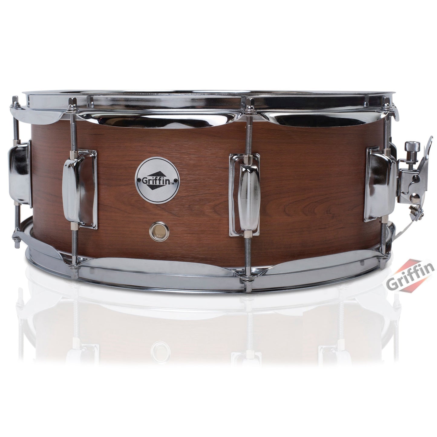 GRIFFIN Snare Drum - Poplar Wood Shell 14" x 5.5" with Flat Hickory PVC - 8 Metal Tuning Lugs