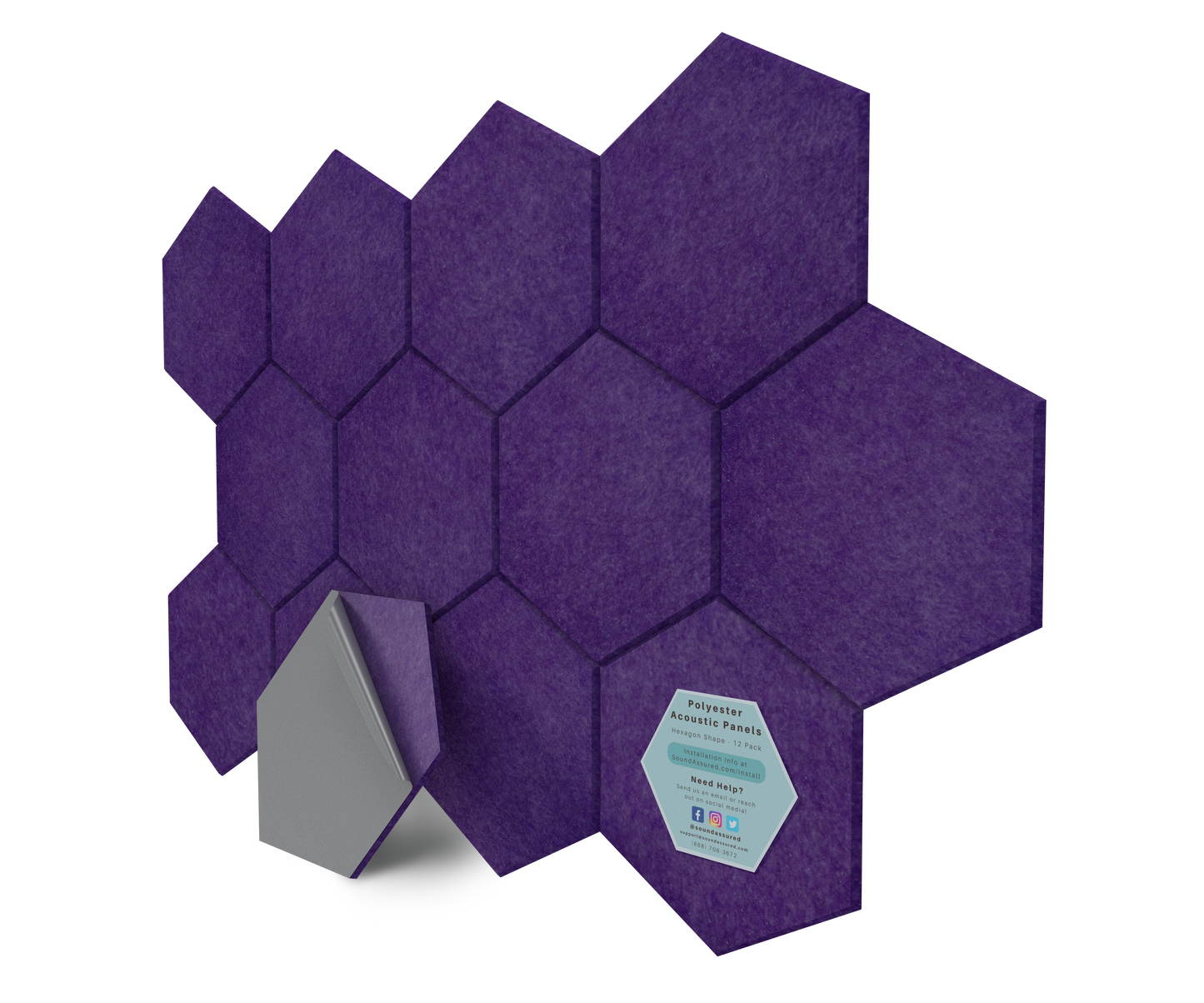 Hexagon Polyester Acoustic Panels - 12 Pack | Eco-Friendly Sound Absorption | Easy Peel & Stick Installation