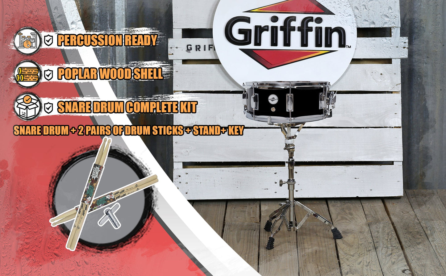 GRIFFIN Snare Drum Kit with Snare Stand, 2 Pairs of Drum Sticks & Drum Key | Wood Shell Drum Set