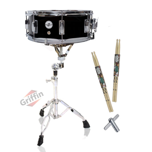 GRIFFIN Snare Drum Kit with Snare Stand, 2 Pairs of Drum Sticks & Drum Key | Wood Shell Drum Set, Maple Sticks, Chrome Holder Acoustic Marching Percussion