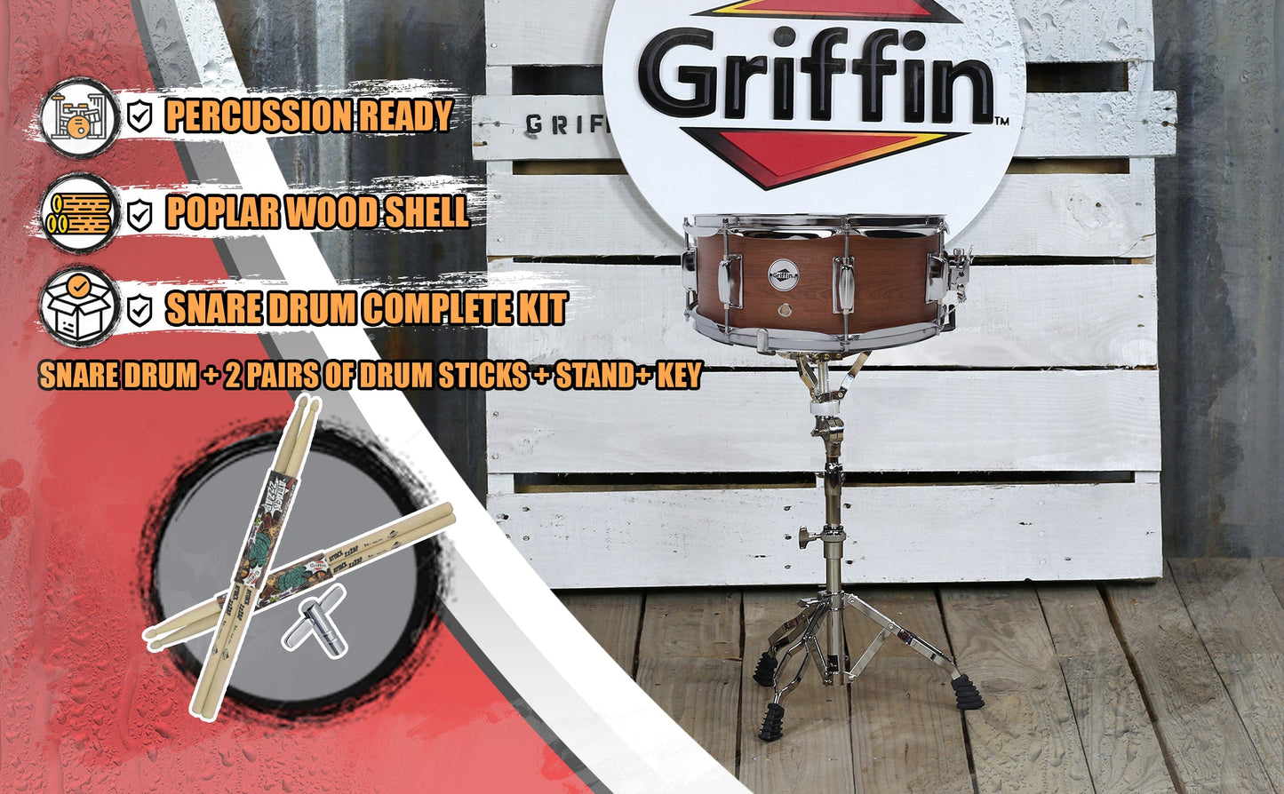GRIFFIN Snare Drum Package with Snare Stand, 2 Pairs of Drum Sticks & Drum Key Snare Kit