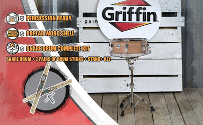 GRIFFIN Snare Drum Kit with Snare Stand, 2 Pairs of Maple Drum Sticks & Key | Wood Shell Drum Set