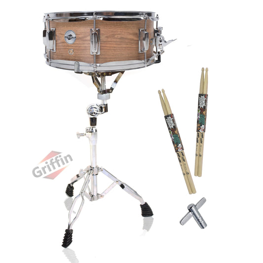 GRIFFIN Snare Drum Kit with Snare Stand, 2 Pairs of Maple Drum Sticks & Drum Key | Wood Shell Drum Set, Percussion Musical Instrument Practice Package