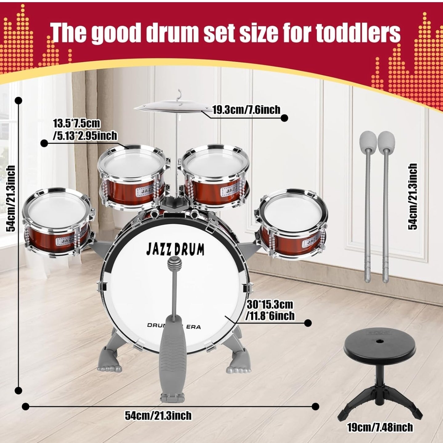 9 Pcs Full Kids Drum Set For Toddlers with Stool