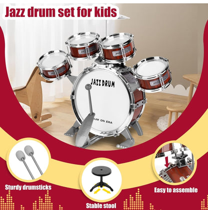 9 Pcs Full Kids Drum Set For Toddlers with Stool