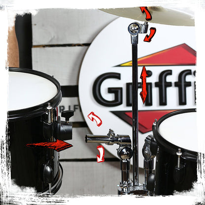 Double Tom Drum Stand with Cymbal Arm by GRIFFIN - Drummers Percussion Set Hardware with Dual Drum Mounts - Tom Holder with Double Braced Legs
