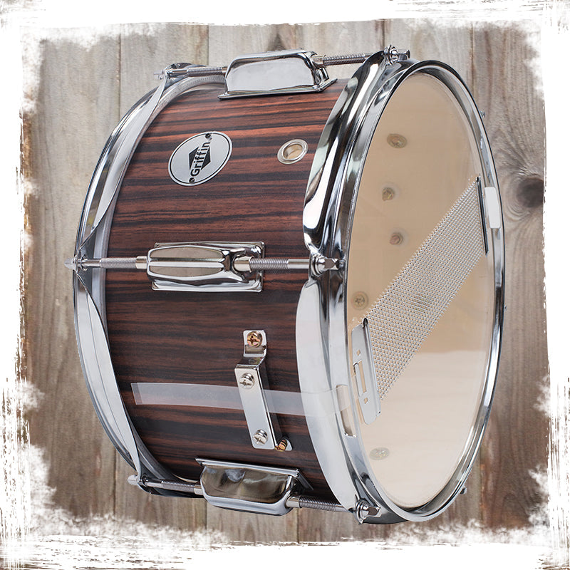 GRIFFIN Firecracker Snare Drum - Acoustic Popcorn 10" x 6" Poplar Mini Wood Shell & Black Hickory PVC - Concert Marching Percussion Musical Instrument