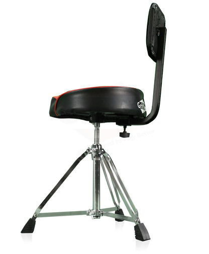 Saddle Drum Throne with Backrest Support by GRIFFIN - Padded Leather Drummer Motorcycle Biker Style Seat - Swivel Adjustable Height Music Drum Chair