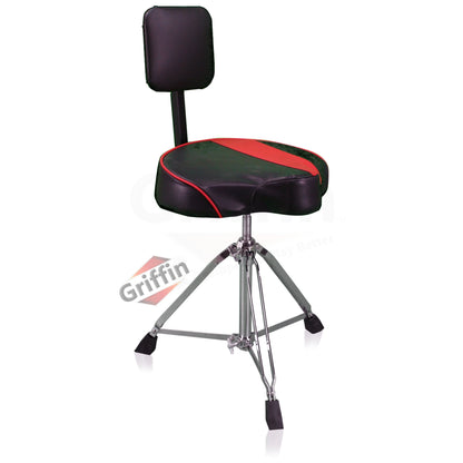 Saddle Drum Throne with Backrest Support by GRIFFIN - Padded Leather Drummer Motorcycle Biker Style