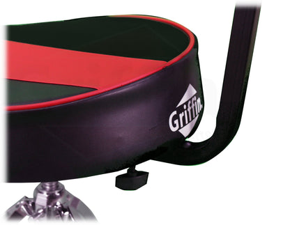 Saddle Drum Throne with Backrest Support by GRIFFIN - Padded Leather Drummer Motorcycle Biker Style