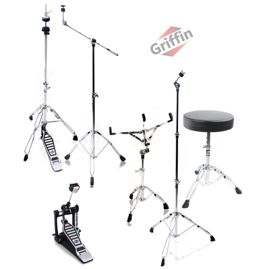 Drum Hardware Pack Complete 6 Piece Set by GRIFFIN - Full Size Percussion Stand Kit with Snare, Hi-Hat, Cymbal Boom, Throne Stool & Single Kick Pedal