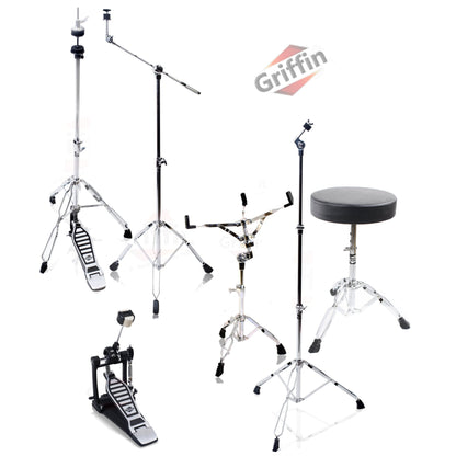 Complete Drum Hardware Pack 6 Piece Set by GRIFFIN - Full Kit Cymbal Stand, Drum Throne, Kick Pedal