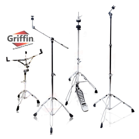 GRIFFIN Cymbal Stand Hardware Pack 4 Piece Set - Full Size Percussion Drum Hardware Kit with Snare Mount, Hi-Hat Pedal, Cymbal Boom, & Straight Stand