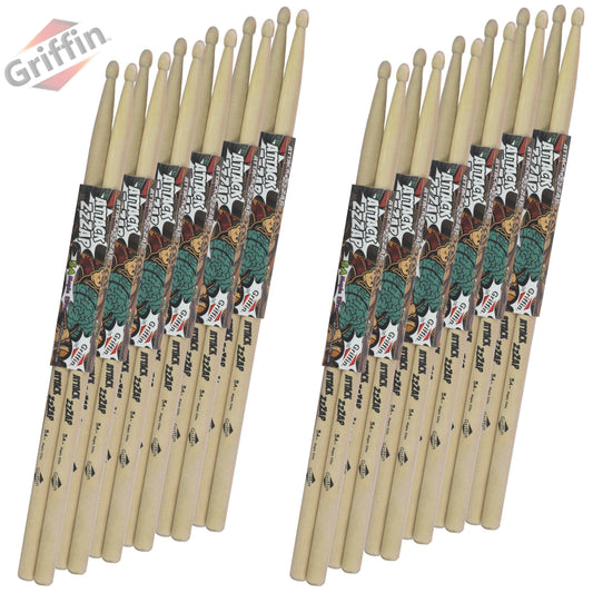 12 Pairs of Select Elite Maple Wood Drum Sticks by GRIFFIN Attack Zzzap - Size 5A Premium Balanced, Level and Straight - Drummers Percussion Classic