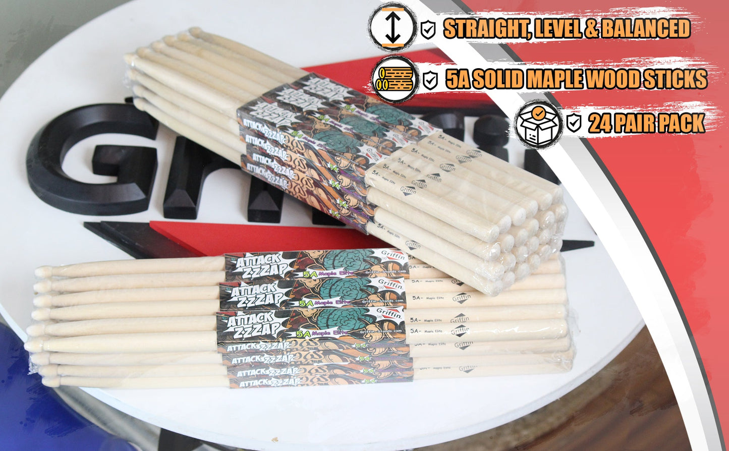 GRIFFIN Attack Zzzap Drum Sticks - 24 Pairs of Select Elite Maple Wood Size 5A - Drummers Percussion Classic Pure Grit Uncoated, Raw Wood Drumming Sticks