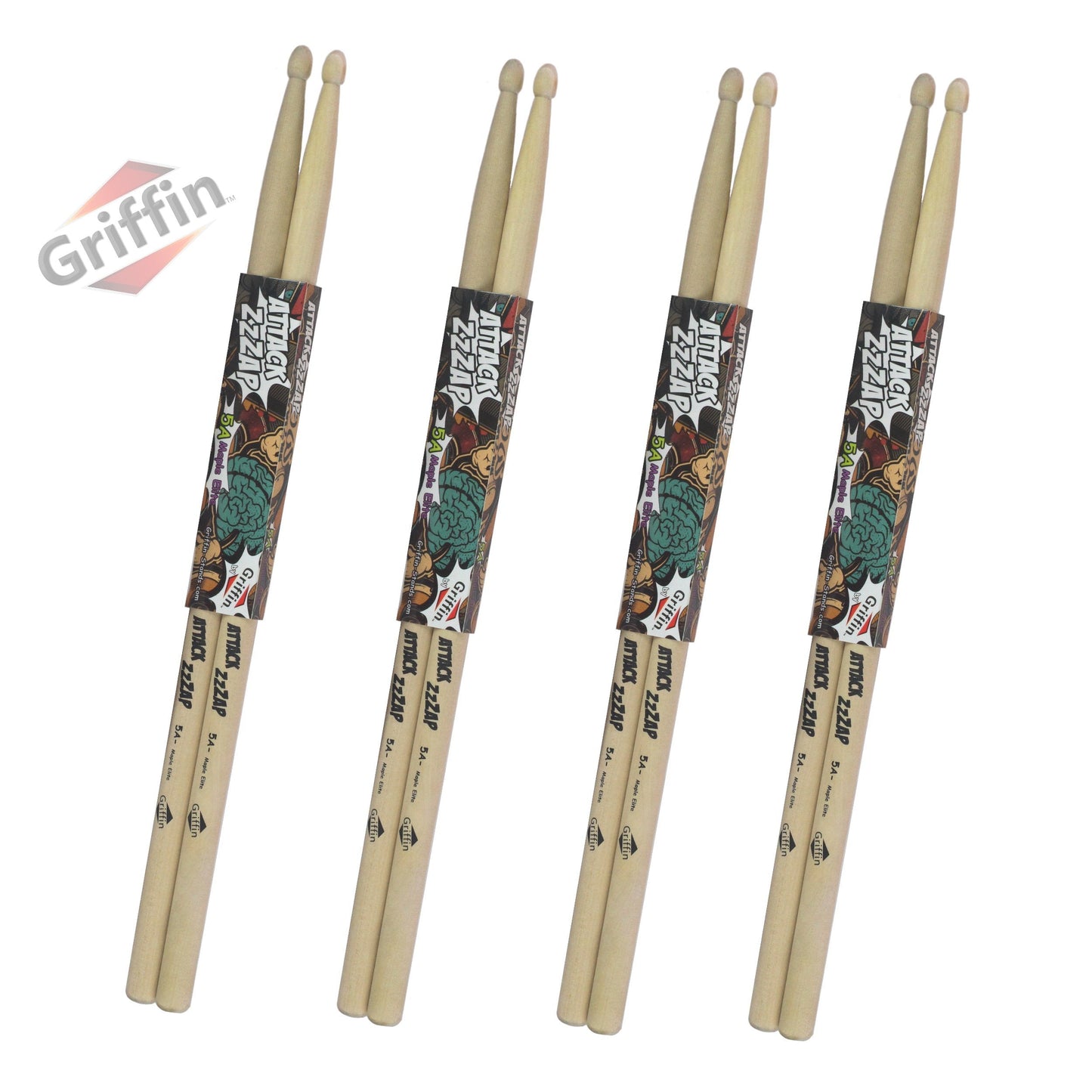 GRIFFIN Attack Zzzap Drum Sticks - 4 Pairs of Select Elite Maple Wood Size 5A - Premium Balanced