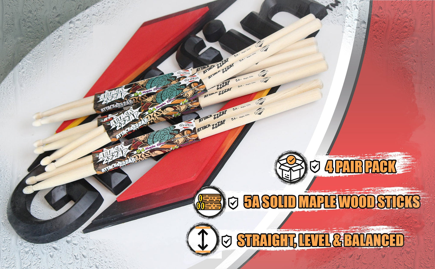 GRIFFIN Attack Zzzap Drum Sticks - 4 Pairs of Select Elite Maple Wood Size 5A - Premium Balanced, Level and Straight - Drummers Percussion Classic Pure Grit