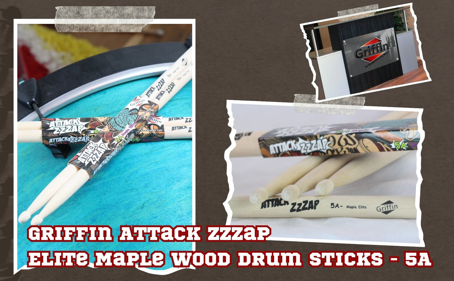GRIFFIN Attack Zzzap Drum Sticks - 24 Pairs of Select Elite Maple Wood Size 5A Drummers Percussion