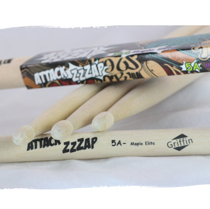 GRIFFIN Attack Zzzap Drum Sticks - 4 Pairs of Select Elite Maple Wood Size 5A - Premium Balanced