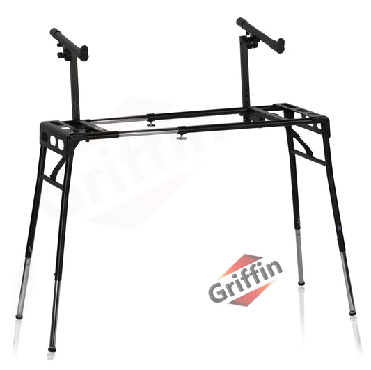 GRIFFIN 2-Tier DJ Coffin Workstation Stand - Double Table Top Keyboard & Laptop Holder - Duel Level Digital Piano Rack Mount Platform for Studio Mixer