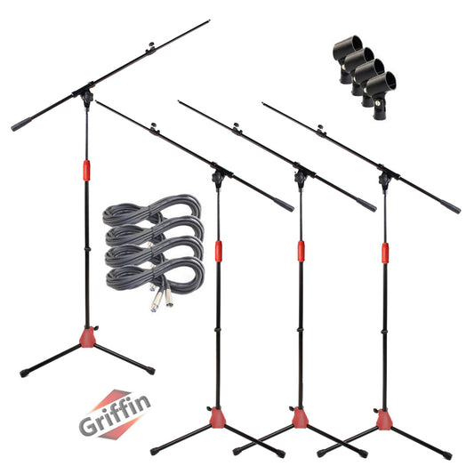 Telescoping Tripod Microphone Boom Stand with XLR Mic Cable & Clip (Pack of 4) by GRIFFIN - Premium Quality for Studio, Karaoke, Live Recording Studio