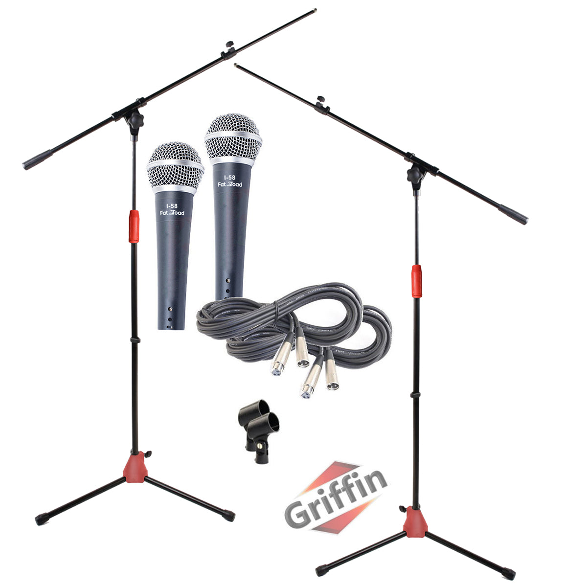 GRIFFIN Microphone Boom Stand, Cardioid Dynamic Mic, XLR Cable, & Clip (Pack of 2) - Telescoping Arm Holder, Tripod Mount - Vocal Unidirectional