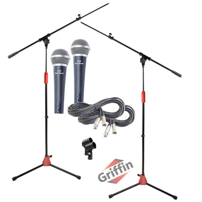 GRIFFIN Microphone Boom Stand, Cardioid Dynamic Mic, XLR Cable, & Clip (Pack of 2) - Telescoping Arm Holder, Tripod Mount - Vocal Unidirectional
