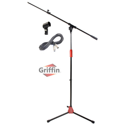 Microphone Stand with Telescoping Boom, XLR Cable and Mic Clip Package by GRIFFIN - Tripod Premium Quality for Studio, Karaoke, Live Stage Studio
