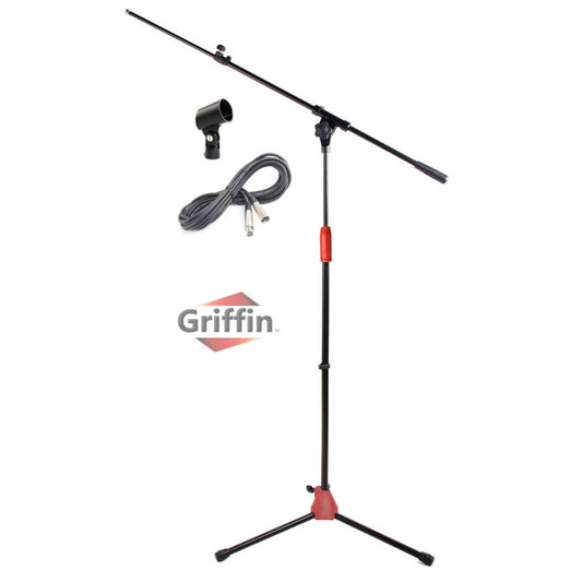 Microphone Stand with Telescoping Boom, XLR Cable and Mic Clip Package by GRIFFIN - Tripod Premium Quality for Studio, Karaoke, Live Stage Studio