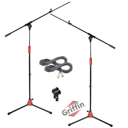 Tripod Microphone Boom Stand with XLR Mic Cable & Clip (Pack of 2) by GRIFFIN - Telescoping Arm for Studio Recording Accessories, Singing Vocal Mic