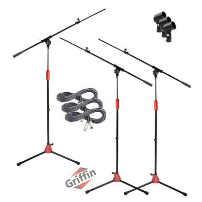 Microphone Boom Stand with XLR Mic Cable & Clip (Pack of 3) by GRIFFIN - Telescoping Arm Tripod Legs for Studio Recording Accessories, Singing Karaoke