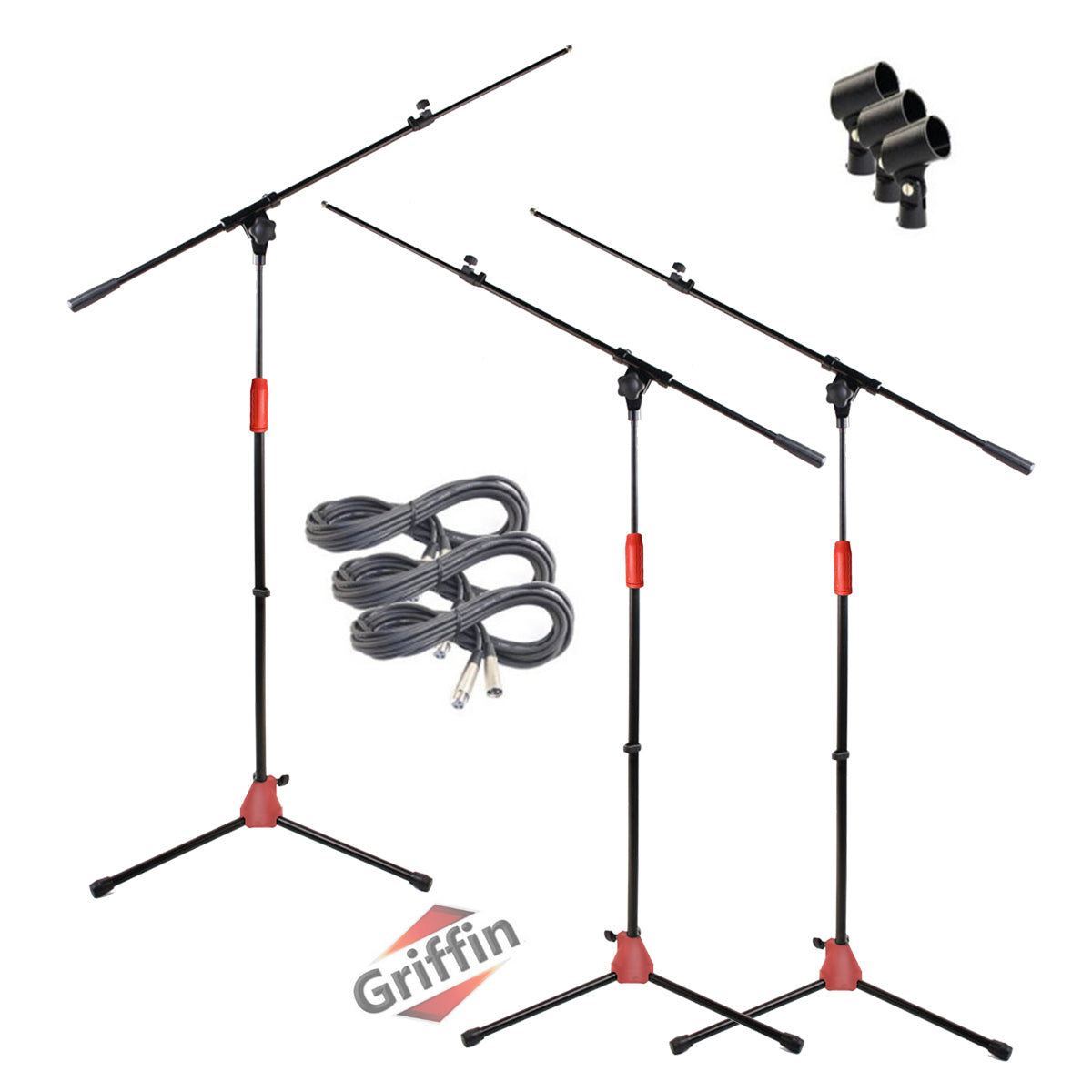 Microphone Boom Stand with XLR Mic Cable & Clip (Pack of 3) by GRIFFIN - Telescoping Arm Tripod Legs