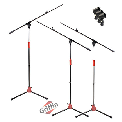 Microphone Stand with Telescopic Boom Arm (Pack of 3) by GRIFFIN - Adjustable Holder Mount For Studio Recording Accessories, Singing Vocal Karaoke