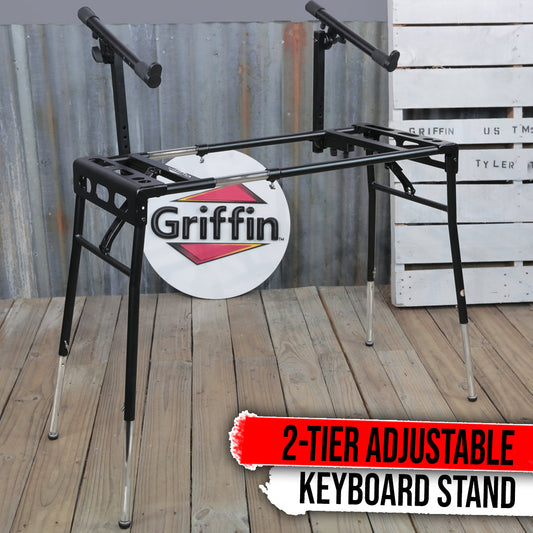 GRIFFIN 2-Tier DJ Coffin Workstation Stand - Double Table Top Keyboard & Laptop Holder Mount