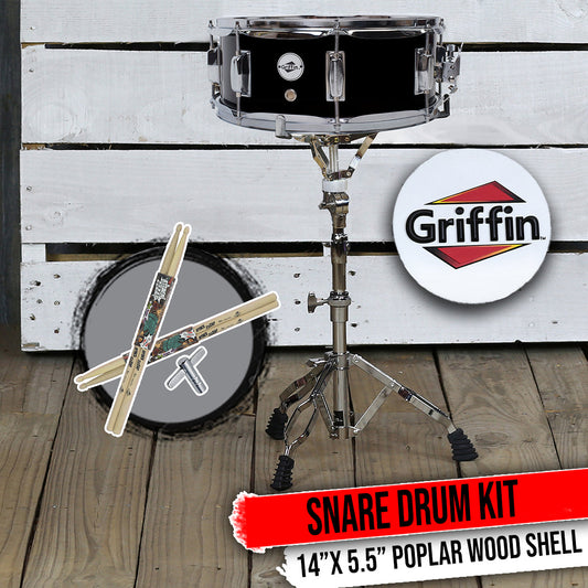 GRIFFIN Snare Drum Kit with Snare Stand, 2 Pairs of Drum Sticks & Drum Key | Wood Shell Drum Set