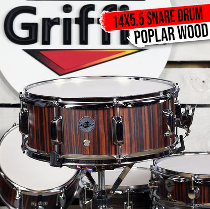 Snare Drum by GRIFFIN - 14" x 5.5"  Black Hickory PVC & Coated Head on Poplar Acoustic Wood Shell