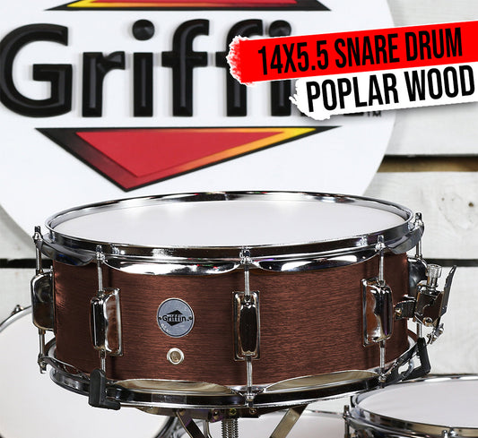 GRIFFIN Snare Drum - Poplar Wood Shell 14" x 5.5" with Flat Hickory PVC - 8 Metal Tuning Lugs