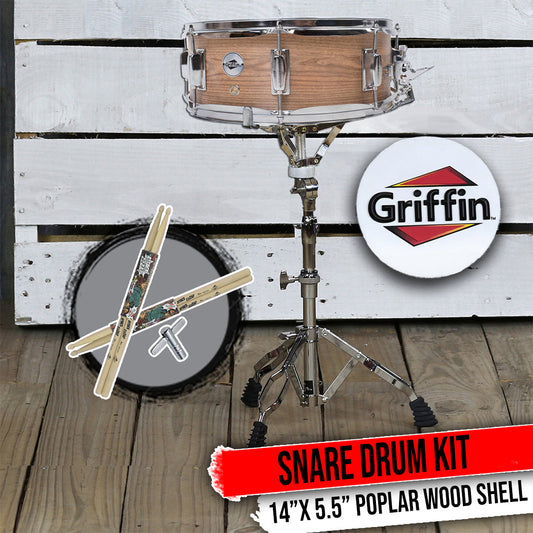 GRIFFIN Snare Drum Kit with Snare Stand, 2 Pairs of Maple Drum Sticks & Key | Wood Shell Drum Set