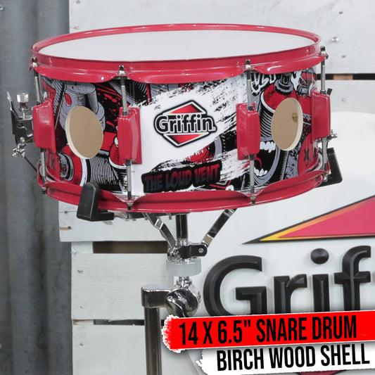 GRIFFIN Snare Drum Birch Wood Shell 14 X 6.5 Inch - Oversize 2.5" Large Vents & Custom Graphic Wrap